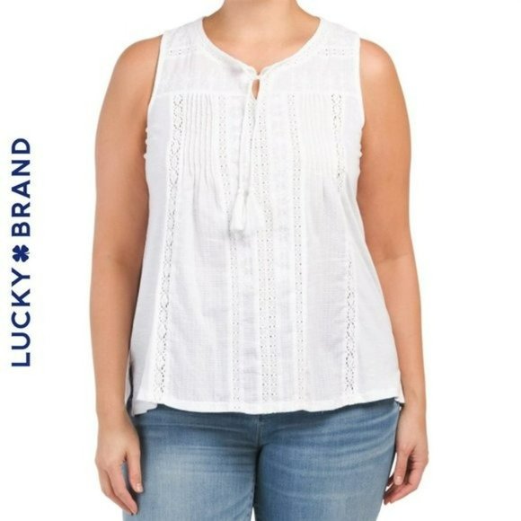 Lucky Brand Tops - NWT Lucky Brand Plus Tie Neck with Tassels Embroidered Cotton Tank Top